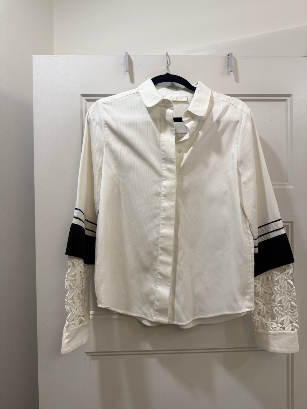 Chloé White Button-Down Shirt with Black Sleeve Detail
